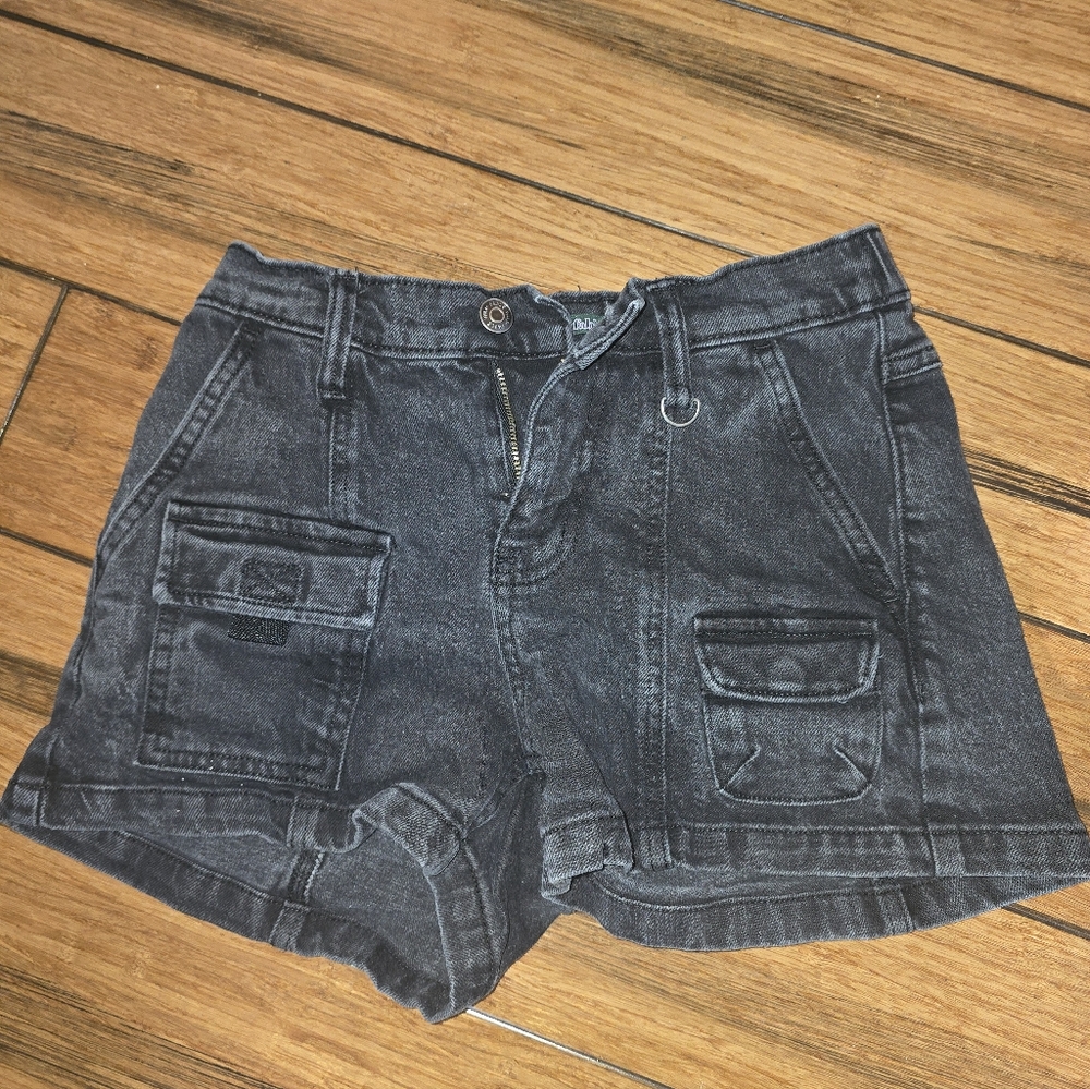 Juniors Xxs High-Waist Utility Denim Shorts in Washed Black